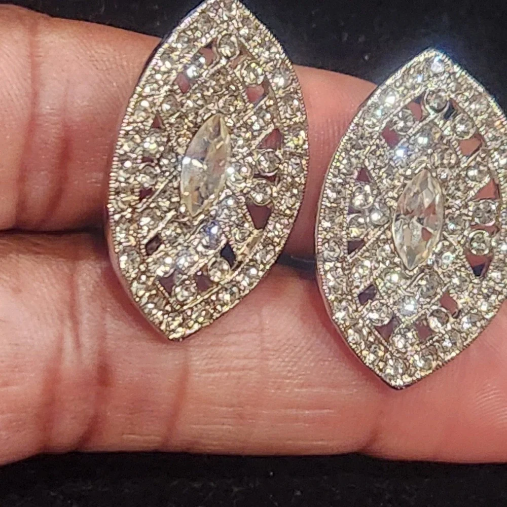 Kenneth Jay Lane Silver Tone Rhinestone Marquise Clip On Statement Earrings